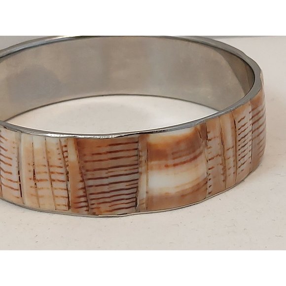 Vtg inlay Block Shell Bangle Bracelet Philippines Brown Cream Silver Tone Metal - Picture 9 of 11